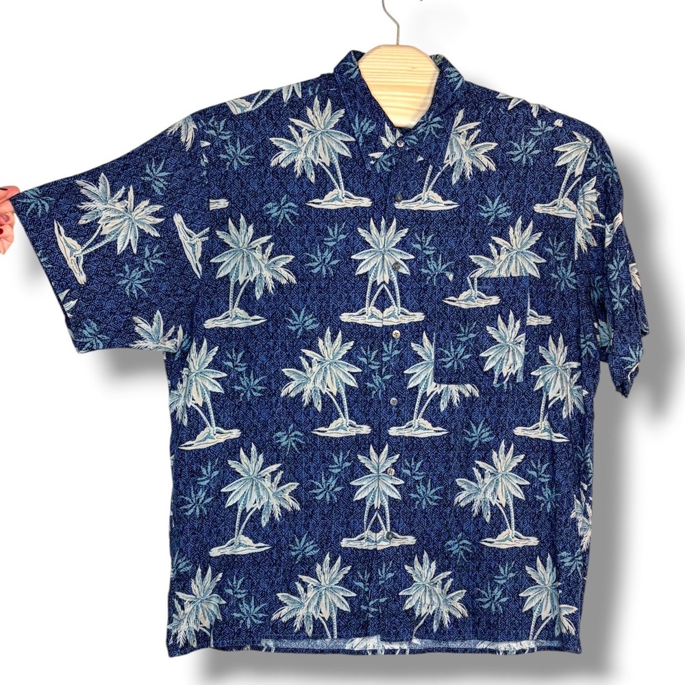 Munsingwear‎ Button Down Shirt XL Navy Blue Palm Tree Tropical Rayon Hawaiian
